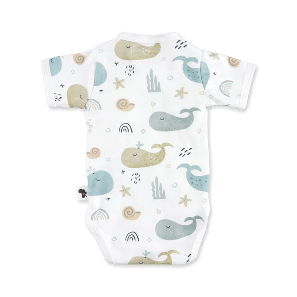 Short Sleeve Wrap Onesie - Whales on White