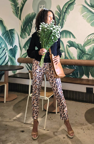 Gia - Waterfall Leopard: Straight leg pants with elasticated waistband